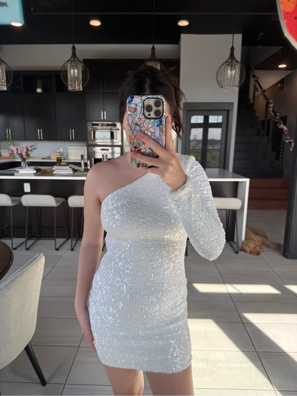 Dress the Population White One-Shoulder Sequin Mini Dress